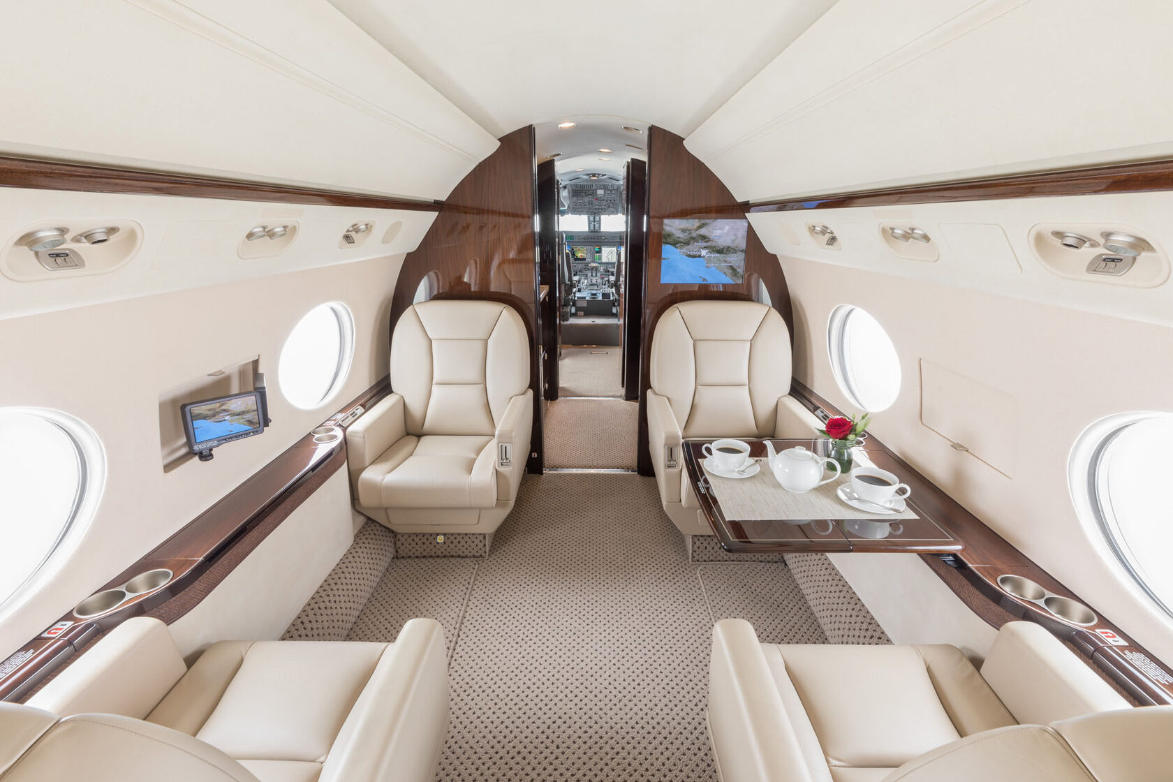 Interior of an empty private jet cabin ready for repositioning flight