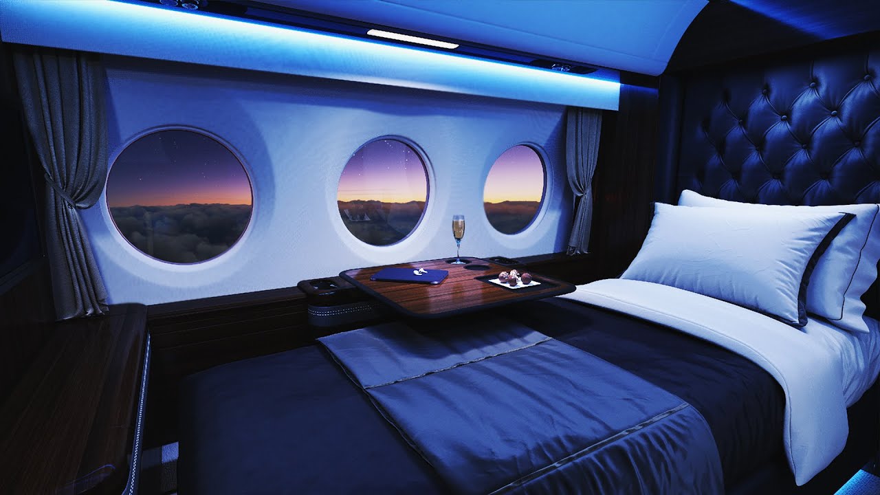 Luxury private jet cabin overnight Indian Ocean crossing